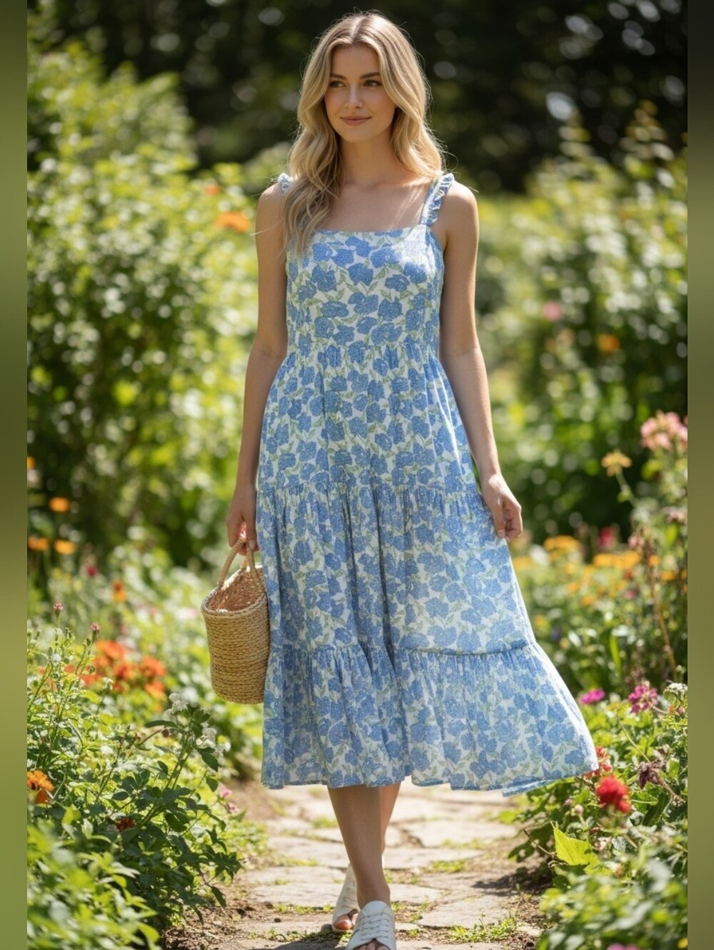 Haute Hippie Maxi Dress Boho Cottagecore Sundress Smocked Tiered Blue Floral L